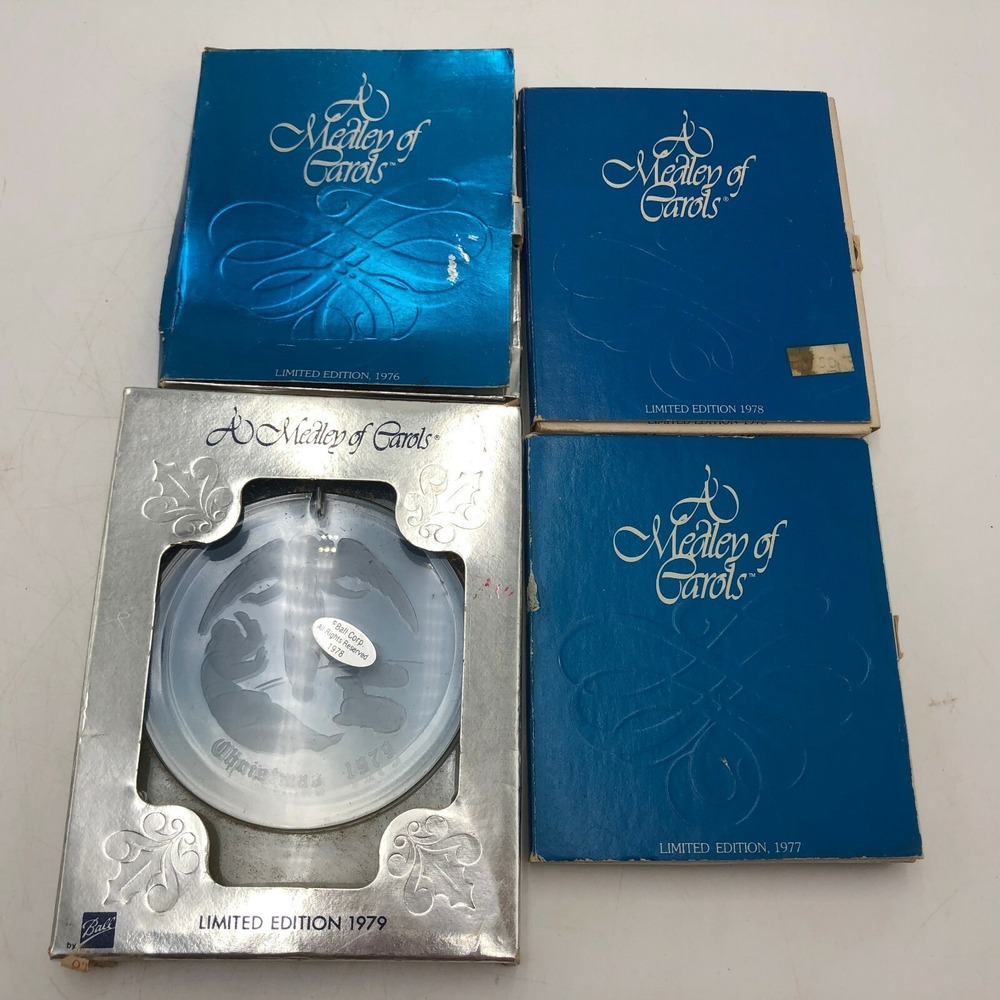 LOT OF 4. Ball Corp Medley of Carols Etched Lucite Ornaments. Bags/Boxes 1976-79